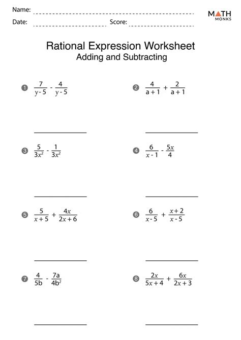 Writing and Evaluating <b>Expressions</b> <b>Worksheets</b>: File Size: 906 kb:. . Adding and subtracting rational expressions worksheet with answers pdf